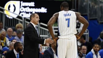 Oct 26, 2016; Orlando, FL, USA; Orlando Magic head coach Frank Vogel talks with forward Serge Ibaka (7) during the second quarter at Amway Center. Mandatory Credit: Kim Klement-USA TODAY Sports