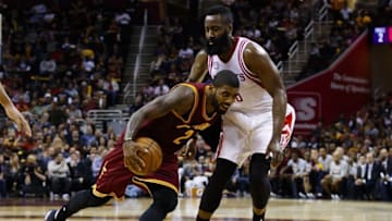 Nov 1, 2016; Cleveland, OH, USA; Cleveland Cavaliers guard Kyrie Irving (2) controls the ball defended by Houston Rockets guard James Harden (13) in the second half at Quicken Loans Arena. Cleveland won 128-120. Mandatory Credit: Rick Osentoski-USA TODAY Sports