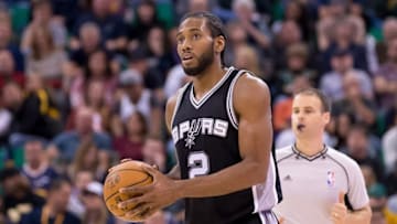 Nov 4, 2016; Salt Lake City, UT, USA; San Antonio Spurs forward Kawhi Leonard (2) holds the ball during the second half against the Utah Jazz at Vivint Smart Home Arena. San Antonio won 100-86. Mandatory Credit: Russ Isabella-USA TODAY Sports