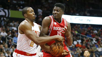 Nov 5, 2016; Atlanta, GA, USA; Atlanta Hawks center Dwight Howard (8) grabs the ball from Houston Rockets center Clint Capela (15) in the first quarter at Philips Arena. Mandatory Credit: Brett Davis-USA TODAY Sports