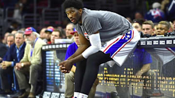 Nov 7, 2016; Philadelphia, PA, USA; Philadelphia 76ers center Joel Embiid (21) waits to enter the game against the Utah Jazz during the second quarter at Wells Fargo Center. Mandatory Credit: Eric Hartline-USA TODAY Sports