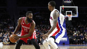 Nov 21, 2016; Auburn Hills, MI, USA; Houston Rockets guard James Harden (13) is defended by Detroit Pistons guard Kentavious Caldwell-Pope (5) during the second quarter at The Palace of Auburn Hills. Mandatory Credit: Raj Mehta-USA TODAY Sports