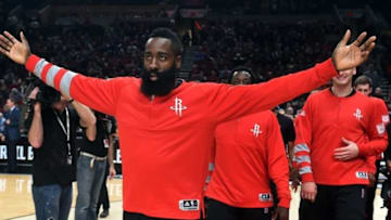 Nov 27, 2016; Portland, OR, USA; Houston Rockets guard James Harden (13) reacts as the crowd boos him during introductions before the game against the Portland Trail Blazers during the first quarter of the game at the Moda Center at the Rose Quarter. Mandatory Credit: Steve Dykes-USA TODAY Sports