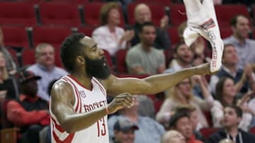 Dec 7, 2016; Houston, TX, USA; Houston Rockets guard James Harden (13) cheers for his team on the bench against the Los Angeles Lakers in the second half at Toyota Center. The Houston Rockets won 134 to 95. Mandatory Credit: Thomas B. Shea-USA TODAY Sports