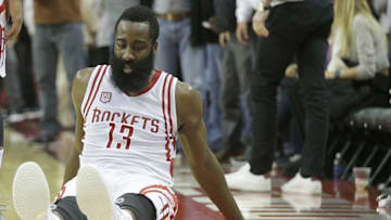 Dec 20, 2016; Houston, TX, USA; Houston Rockets guard James Harden (13) rests on the floor after missing a basket against the San Antonio Spurs in the second half at Toyota Center. San Antonio Spurs won 102 to100. Mandatory Credit: Thomas B. Shea-USA TODAY Sports