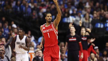 Dec 27, 2016; Dallas, TX, USA; Houston Rockets forward Trevor Ariza (1) reacts after scoring during the first half against the Dallas Mavericks at American Airlines Center. Mandatory Credit: Kevin Jairaj-USA TODAY Sports