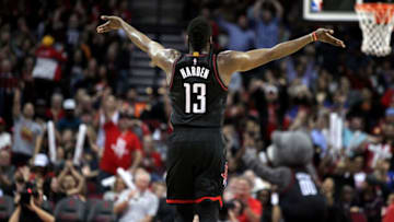 Dec 31, 2016; Houston, TX, USA; Houston Rockets guard James Harden (13) waves to the crowd after a made three-poing basket against the New York Knicks during the second quarter at Toyota Center. Mandatory Credit: Erik Williams-USA TODAY Sports