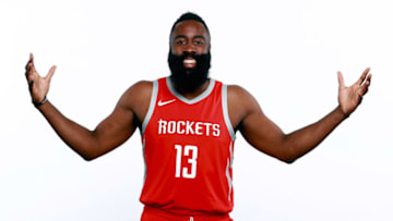 HOUSTON, TX - SEPTEMBER 24: James Harden #13 of the Houston Rockets poses for a portrait during the Houston Rockets Media Day at The Post Oak Hotel at Uptown Houston on September 24, 2018 in Houston, Texas. NOTE TO USER: User expressly acknowledges and agrees that, by downloading and or using this photograph, User is consenting to the terms and conditions of the Getty Images License Agreement. (Photo by Tom Pennington/Getty Images)