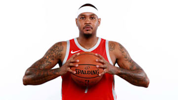 HOUSTON, TX - SEPTEMBER 24: Carmelo Anthony #7 of the Houston Rockets poses for a portrait during the Houston Rockets Media Day at The Post Oak Hotel at Uptown Houston on September 24, 2018 in Houston, Texas. NOTE TO USER: User expressly acknowledges and agrees that, by downloading and or using this photograph, User is consenting to the terms and conditions of the Getty Images License Agreement. (Photo by Tom Pennington/Getty Images)