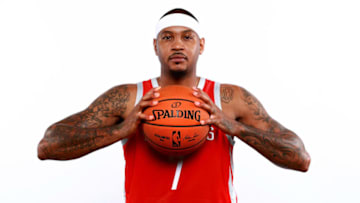 HOUSTON, TX - SEPTEMBER 24: Carmelo Anthony #7 of the Houston Rockets poses for a portrait during the Houston Rockets Media Day at The Post Oak Hotel at Uptown Houston on September 24, 2018 in Houston, Texas. NOTE TO USER: User expressly acknowledges and agrees that, by downloading and or using this photograph, User is consenting to the terms and conditions of the Getty Images License Agreement. (Photo by Tom Pennington/Getty Images)