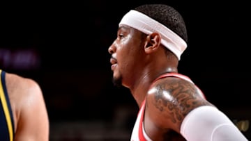 HOUSTON, TX - OCTOBER 4: Carmelo Anthony #7 of the Houston Rockets looks on during a pre-season game against on October 4, 2018 at Toyota Center, in Houston, Texas. NOTE TO USER: User expressly acknowledges and agrees that, by downloading and/or using this Photograph, user is consenting to the terms and conditions of the Getty Images License Agreement. Mandatory Copyright Notice: Copyright 2018 NBAE (Photo by Bill Baptist/NBAE via Getty Images)