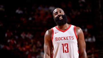 HOUSTON, TX - OCTOBER 9: James Harden #13 of the Houston Rockets reacts during a pre-season game against the Shanghai Sharks on October 9, 2018 at Toyota Center, in Houston, Texas. NOTE TO USER: User expressly acknowledges and agrees that, by downloading and/or using this Photograph, user is consenting to the terms and conditions of the Getty Images License Agreement. Mandatory Copyright Notice: Copyright 2018 NBAE (Photo by Bill Baptist/NBAE via Getty Images)