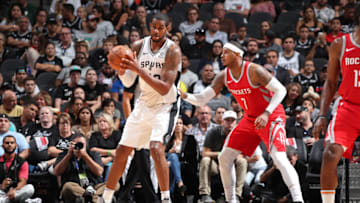 SAN ANTONIO, TX - OCTOBER 7: LaMarcus Aldridge #12 of the San Antonio Spurs handles the ball against the Houston Rockets on October 7, 2018 at AT&T Center, in San Antonio, Texas. NOTE TO USER: User expressly acknowledges and agrees that, by downloading and/or using this Photograph, user is consenting to the terms and conditions of the Getty Images License Agreement. Mandatory Copyright Notice: Copyright 2018 NBAE (Photo by Nathaniel S. Butler/NBAE via Getty Images)
