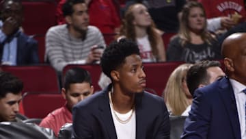 HOUSTON, TX - OCTOBER 24: Brandon Knight #2 of the Houston Rockets looks on during the game against the Utah Jazz on October 24, 2018 at Toyota Center, in Houston, Texas. NOTE TO USER: User expressly acknowledges and agrees that, by downloading and/or using this Photograph, user is consenting to the terms and conditions of the Getty Images License Agreement. Mandatory Copyright Notice: Copyright 2018 NBAE (Photo by Bill Baptist/NBAE via Getty Images)