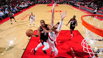 HOUSTON, TX - OCTOBER 30: Eric Gordon #10 of the Houston Rockets goes to the basket against the Portland Trail Blazers on October 30, 2018 at the Toyota Center in Houston, Texas. NOTE TO USER: User expressly acknowledges and agrees that, by downloading and/or using this photograph, user is consenting to the terms and conditions of the Getty Images License Agreement. Mandatory Copyright Notice: Copyright 2018 NBAE (Photo by Bill Baptist/NBAE via Getty Images)