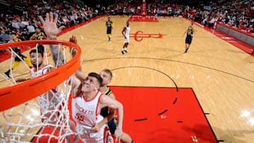 HOUSTON, TX - OCTOBER 4: Isaiah Hartenstein #55 of the Houston Rockets shoots the ball against the Indiana Pacers during a pre-season game on October 4, 2018 at Toyota Center, in Houston, Texas. NOTE TO USER: User expressly acknowledges and agrees that, by downloading and/or using this Photograph, user is consenting to the terms and conditions of the Getty Images License Agreement. Mandatory Copyright Notice: Copyright 2018 NBAE (Photo by Bill Baptist/NBAE via Getty Images)