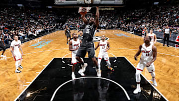 BROOKLYN, NY - NOVEMBER 14: Kenneth Faried #35 of the Brooklyn Nets dunks the ball against the Miami Heat on November 14, 2018 at Barclays Center in Brooklyn, New York. NOTE TO USER: User expressly acknowledges and agrees that, by downloading and or using this Photograph, user is consenting to the terms and conditions of the Getty Images License Agreement. Mandatory Copyright Notice: Copyright 2018 NBAE (Photo by Nathaniel S. Butler/NBAE via Getty Images)