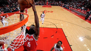 HOUSTON, TX - NOVEMBER 21: Clint Capela #15 of the Houston Rockets dunks the ball against the Detroit Pistons on November 21, 2018 at the Toyota Center in Houston, Texas. NOTE TO USER: User expressly acknowledges and agrees that, by downloading and or using this photograph, User is consenting to the terms and conditions of the Getty Images License Agreement. Mandatory Copyright Notice: Copyright 2018 NBAE (Photo by Bill Baptist/NBAE via Getty Images)