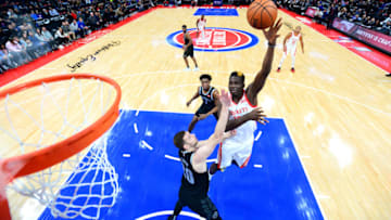 DETROIT, MI - NOVEMBER 23: Clint Capela #15 of the Houston Rockets shoots the ball against the Detroit Pistons on November 23, 2018 at Little Caesars Arena in Detroit, Michigan. NOTE TO USER: User expressly acknowledges and agrees that, by downloading and/or using this photograph, User is consenting to the terms and conditions of the Getty Images License Agreement. Mandatory Copyright Notice: Copyright 2018 NBAE (Photo by Chris Schwegler/NBAE via Getty Images)