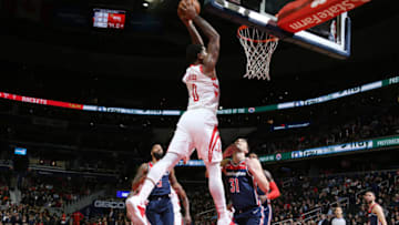 WASHINGTON, DC -  NOVEMBER 26: Marquese Chriss #0 of the Houston Rockets dunks the ball against the Washington Wizards on November 26, 2018 at Capital One Arena in Washington, DC. NOTE TO USER: User expressly acknowledges and agrees that, by downloading and or using this Photograph, user is consenting to the terms and conditions of the Getty Images License Agreement. Mandatory Copyright Notice: Copyright 2018 NBAE (Photo by Stephen Gosling/NBAE via Getty Images)