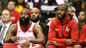 James Harden #13 and Chris Paul #3 of the Houston Rockets (R(Photo by Rob Carr/Getty Images)