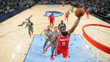 MEMPHIS, TN - DECEMBER 15: James Harden #13 of the Houston Rockets dunks the ball against the Memphis Grizzlies on December 15, 2018 at FedExForum in Memphis, Tennessee. NOTE TO USER: User expressly acknowledges and agrees that, by downloading and or using this photograph, User is consenting to the terms and conditions of the Getty Images License Agreement. Mandatory Copyright Notice: Copyright 2018 NBAE (Photo by Joe Murphy/NBAE via Getty Images)