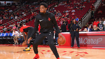 HOUSTON, TX - DECEMBER 13: Brandon Knight #2 of the Houston Rockets warms up before the game against the Los Angeles Lakers on December 13, 2018 at the Toyota Center in Houston, Texas. NOTE TO USER: User expressly acknowledges and agrees that, by downloading and/or using this photograph, user is consenting to the terms and conditions of the Getty Images License Agreement. Mandatory Copyright Notice: Copyright 2018 NBAE (Photo by Bill Baptist/NBAE via Getty Images)