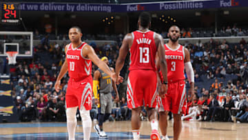 Eric Gordon #10, James Harden #13, and Chris Paul #3 of the Houston Rockets (Photo by Joe Murphy/NBAE via Getty Images)