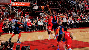 HOUSTON, TX - DECEMBER 25: James Harden #13 of the Houston Rockets shoots the ball against the Oklahoma City Thunder on December 25, 2018 at the Toyota Center in Houston, Texas. NOTE TO USER: User expressly acknowledges and agrees that, by downloading and or using this photograph, User is consenting to the terms and conditions of the Getty Images License Agreement. Mandatory Copyright Notice: Copyright 2018 NBAE (Photo by Bill Baptist/NBAE via Getty Images)