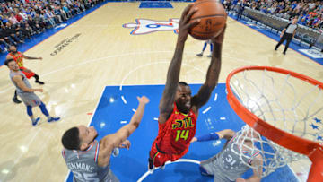 PHILADELPHIA, PA - JANUARY 11: Dewayne Dedmon #14 of the Atlanta Hawks dunks the ball against the Philadelphia 76ers on January 11, 2019 at the Wells Fargo Center in Philadelphia, Pennsylvania NOTE TO USER: User expressly acknowledges and agrees that, by downloading and/or using this Photograph, user is consenting to the terms and conditions of the Getty Images License Agreement. Mandatory Copyright Notice: Copyright 2019 NBAE (Photo by Jesse D. Garrabrant/NBAE via Getty Images)