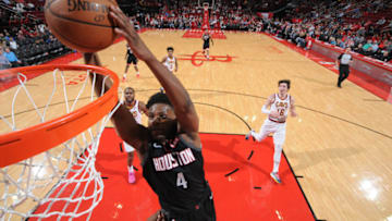 HOUSTON, TX - JANUARY 11 : Danuel House Jr. #4 of the Houston Rockets dunks against the Cleveland Cavaliers on January 11, 2019 at the Toyota Center in Houston, Texas. NOTE TO USER: User expressly acknowledges and agrees that, by downloading and or using this photograph, User is consenting to the terms and conditions of the Getty Images License Agreement. Mandatory Copyright Notice: Copyright 2019 NBAE (Photo by Bill Baptist/NBAE via Getty Images)