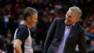 HOUSTON, TEXAS - DECEMBER 19: Head coach Mike D'Antoni of the Houston Rockets shares a laugh with referee Scott Foster #48 during the fourth quarter against the Washington Wizards at Toyota Center on December 19, 2018 in Houston, Texas. NOTE TO USER: User expressly acknowledges and agrees that, by downloading and or using this photograph, User is consenting to the terms and conditions of the Getty Images License Agreement. (Photo by Bob Levey/Getty Images)