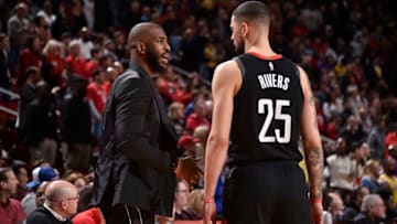 HOUSTON, TX - JANUARY 19: Chris Paul #3 and Austin Rivers #25 of the Houston Rockets talk during the game against the Los Angeles Lakers on January 19, 2019 at the Toyota Center in Houston, Texas. NOTE TO USER: User expressly acknowledges and agrees that, by downloading and/or using this photograph, user is consenting to the terms and conditions of the Getty Images License Agreement. Mandatory Copyright Notice: Copyright 2019 NBAE (Photo by Bill Baptist/NBAE via Getty Images)