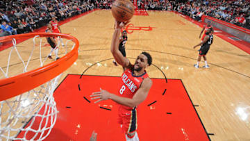 HOUSTON, TX - JANUARY 29: Jahlil Okafor #8 of the New Orleans Pelicans shoots the ball against the Houston Rockets on January 29, 2019 at the Toyota Center in Houston, Texas. NOTE TO USER: User expressly acknowledges and agrees that, by downloading and or using this photograph, User is consenting to the terms and conditions of the Getty Images License Agreement. Mandatory Copyright Notice: Copyright 2019 NBAE (Photo by Bill Baptist/NBAE via Getty Images)