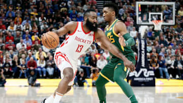 James Harden #13 of the Houston Rockets handles the ball against the Utah Jazz (Photo by Chris Elise/NBAE via Getty Images)