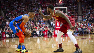 Russell Westbrook #0 of the Oklahoma City Thunder handles the ball against Iman Shumpert #1 of the Houston Rockets (Photo by Zach Beeker/NBAE via Getty Images)