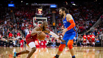 HOUSTON, TX - FEBRUARY 9: Chris Paul #3 of the Houston Rockets handles the ball against the Oklahoma City Thunder on February 9, 2019 at the Toyota Center in Houston, Texas. NOTE TO USER: User expressly acknowledges and agrees that, by downloading and/or using this photograph, user is consenting to the terms and conditions of the Getty Images License Agreement. Mandatory Copyright Notice: Copyright 2019 NBAE (Photo by Zach Beeker/NBAE via Getty Images)