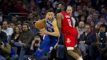 Ben Simmons of the Philadelphia 76ers & James Harden of the Houston Rockets (Photo by Mitchell Leff/Getty Images)