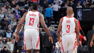 James Harden #13 and Chris Paul #3 of the Houston Rockets face the Sacramento Kings (Photo by Rocky Widner/NBAE via Getty Images)