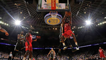 OAKLAND, CA - FEBRUARY 23: Kenneth Faried #35 of the Houston Rockets shoots the ball against the Golden State Warriors on February 23, 2019 at ORACLE Arena in Oakland, California. NOTE TO USER: User expressly acknowledges and agrees that, by downloading and or using this photograph, User is consenting to the terms and conditions of the Getty Images License Agreement. Mandatory Copyright Notice: Copyright 2019 NBAE (Photo by Bill Baptist/NBAE via Getty Images)