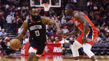 Houston Rockets James Harden Jrue Holiday (Photo by Bob Levey/Getty Images)