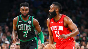 James Harden #13 of the Houston Rockets dribbles the ball past Jaylen Brown #7 of the Boston Celtics (Photo by Adam Glanzman/Getty Images)