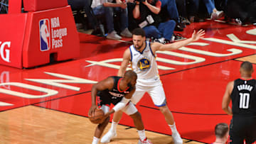 Chris Paul #3 of the Houston Rockets handles the ball against Klay Thompson #11 of the Golden State Warriors (Photo by Jesse D. Garrabrant/NBAE via Getty Images)
