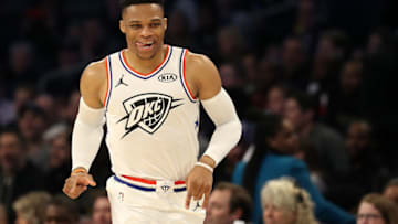 CHARLOTTE, NORTH CAROLINA - FEBRUARY 17: Russell Westbrook #0 of the Oklahoma City Thunder and Team Giannis reacts as they take on Team LeBron during the NBA All-Star game as part of the 2019 NBA All-Star Weekend at Spectrum Center on February 17, 2019 in Charlotte, North Carolina. Team LeBron won 178-164. NOTE TO USER: User expressly acknowledges and agrees that, by downloading and/or using this photograph, user is consenting to the terms and conditions of the Getty Images License Agreement. (Photo by Streeter Lecka/Getty Images)