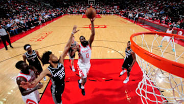 HOUSTON, TX - MARCH 30: James Harden #13 of the Houston Rockets shoots the ball against the Sacramento Kings on March 30, 2019 at the Toyota Center in Houston, Texas. NOTE TO USER: User expressly acknowledges and agrees that, by downloading and or using this photograph, User is consenting to the terms and conditions of the Getty Images License Agreement. Mandatory Copyright Notice: Copyright 2019 NBAE (Photo by Bill Baptist/NBAE via Getty Images)