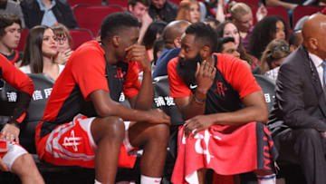 HOUSTON, TX - APRIL 7: Clint Capela #15 and James Harden #13 of the Houston Rockets talk during the game against the Phoenix Suns on April 7, 2019 at the Toyota Center in Houston, Texas. NOTE TO USER: User expressly acknowledges and agrees that, by downloading and/or using this photograph, user is consenting to the terms and conditions of the Getty Images License Agreement. Mandatory Copyright Notice: Copyright 2019 NBAE (Photo by Bill Baptist/NBAE via Getty Images)