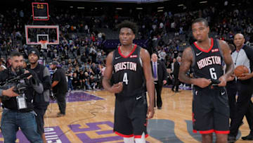 SACRAMENTO, CA - APRIL 2: Danuel House Jr. #4 and Gary Clark #6 of the Houston Rockets walk off the court after defeating the Sacramento Kings on April 2, 2019 at Golden 1 Center in Sacramento, California. NOTE TO USER: User expressly acknowledges and agrees that, by downloading and or using this photograph, User is consenting to the terms and conditions of the Getty Images Agreement. Mandatory Copyright Notice: Copyright 2019 NBAE (Photo by Rocky Widner/NBAE via Getty Images)