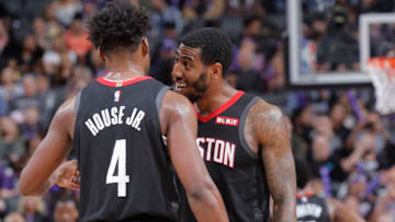 SACRAMENTO, CA - APRIL 2: Iman Shumpert #1 and Danuel House Jr. #4 of the Houston Rockets talk during the game against the Sacramento Kings on April 2, 2019 at Golden 1 Center in Sacramento, California. NOTE TO USER: User expressly acknowledges and agrees that, by downloading and or using this photograph, User is consenting to the terms and conditions of the Getty Images Agreement. Mandatory Copyright Notice: Copyright 2019 NBAE (Photo by Rocky Widner/NBAE via Getty Images)
