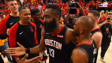 SALT LAKE CITY, UT - APRIL 20: James Harden #13 celebrates with the Houston Rockets after defeating the Utah Jazz during Game Three of Round One of the 2019 NBA Playoffs on April 20, 2019 at the Vivint Smart Home Arena in Salt Lake City, Utah. NOTE TO USER: User expressly acknowledges and agrees that, by downloading and or using this photograph, user is consenting to the terms and conditions of the Getty Images License Agreement. Mandatory Copyright Notice: Copyright 2019 NBAE (Photo by Bill Baptist/NBAE via Getty Images)