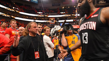 SALT LAKE CITY, UT - APRIL 20: Owner Tilman Fertitta is seen with James Harden #13 of the Houston Rockets during the game against the Utah Jazz during Game Three of Round One of the 2019 NBA Playoffs on April 20, 2019 at the Vivint Smart Home Arena in Salt Lake City, Utah. NOTE TO USER: User expressly acknowledges and agrees that, by downloading and or using this photograph, user is consenting to the terms and conditions of the Getty Images License Agreement. Mandatory Copyright Notice: Copyright 2019 NBAE (Photo by Bill Baptist/NBAE via Getty Images)